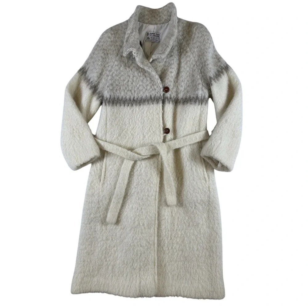 Vtg Karen Isull Of Iceland Wool Mohair Belted Duster Coat Cardigan Cream Brown L